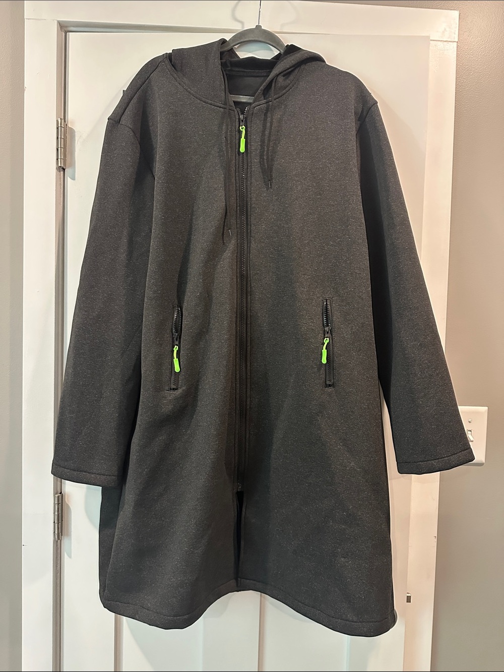 Long Hooded Zip Coat with Neon Zipper Pulls - Black